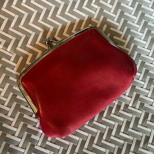 Red leather, large change purse. Real leather. Polkadot interior fabric. New.